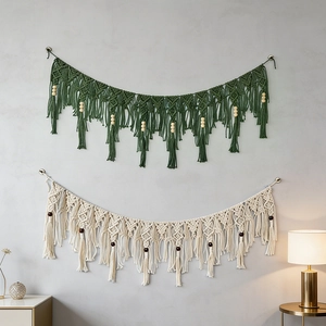 Hand Woven Macrame Wall Hanging Cotton Rope Bohemian Tapestry With Wooden Beads And Tassels For Home Bedroom Decor