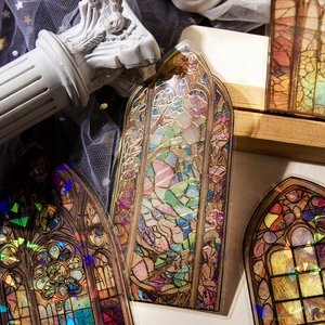 Retro stained glass PET stickers with gold foil and laser effect on Roman column