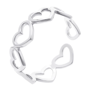 Detailed view of adjustable silver steel ring with hollow heart pattern engravings