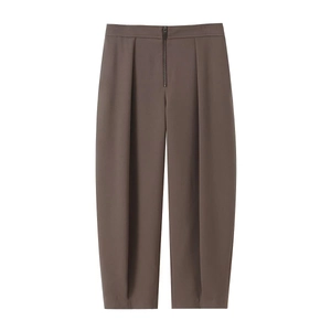 Women's chic high-waisted dark brown wide-leg trousers with front pleats and zipper