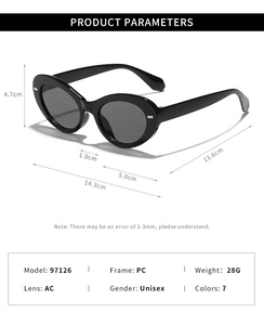 Detailed product dimensions for vintage oval sunglasses with black PC frames and AC lenses