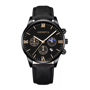 Men Business Quartz Watch Fashion Casual Wristwatch Alloy Case Faux Leather Strap Roman Numerals Calendar Sun Moon Phase