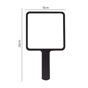 Square black handheld makeup mirror with plastic handle and 16x9cm dimensions