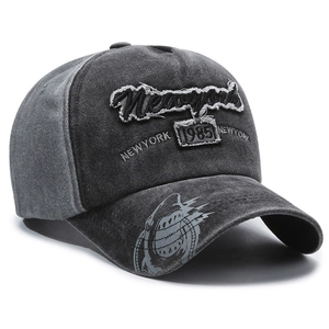 Vintage dark gray washed canvas baseball cap with Newyork embroidery and side pattern
