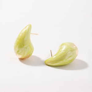 Green marbled resin teardrop earrings with golden metal base on a white background