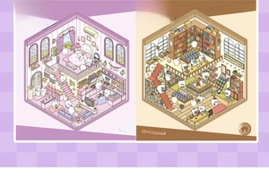 Close-up of cute 3D miniature sticker scenes showing a cozy home and library