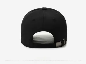 Detail of black cotton baseball cap showing back view with adjustable metal buckle strap