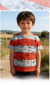 Close-up of red and grey striped cotton T-shirt featuring black crane and truck graphics