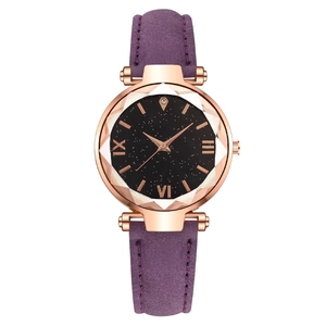Elegant starry sky watch for women with purple suede strap and rose gold diamond-cut glass