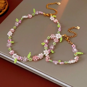 Handmade Flower Seed Beads Necklace And Bracelet Alloy Heart Charm Sweet Cottagecore Holiday Jewelry For Women Girls