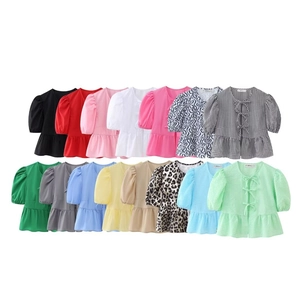 Women Casual Puff Sleeve Tie Front Peplum Top Ruffle Hem Round Neck Short Sleeve Leopard Print Polyester Blouse