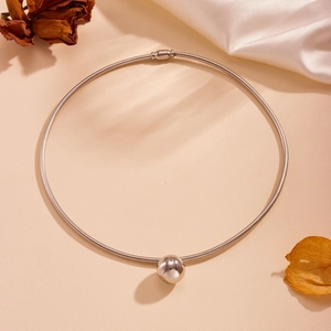 Polished silver stainless steel elastic collar necklace with round pendant on silk fabric