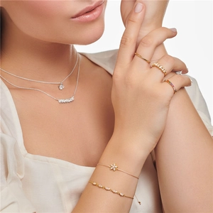 Luxurious S925 sterling silver jewelry set worn by model featuring rings and necklaces