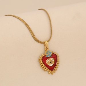 Collier chaîne serpent dorée avec pendentif coeur rouge, oeil porte-bonheur et rose