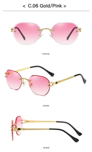 Three-way view of rimless gradient pink polygon sunglasses with gold metal temples