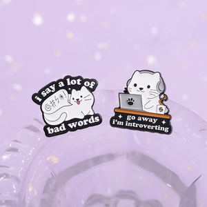 Cute white cat enamel pin set with humorous quotes and sleek metal finish for clothing