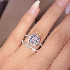 Luxury Cushion Cut Zircon Halo Engagement Ring And Matching Band Copper Fashion Jewelry For Women