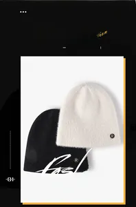 Detail showing the thick feather yarn knitting and R logo on a stylish winter beanie