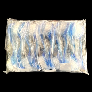 Bulk pack of blue nail cleaning brushes with white bristles in transparent packaging