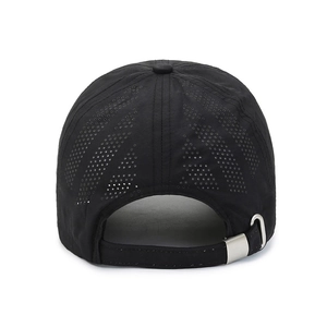 Lightweight breathable black mesh baseball cap with laser-cut vents and metal buckle