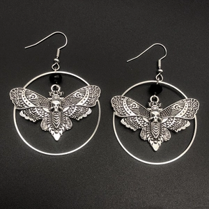 Gothic Death Moth Skull Dangle Earrings Antique Silver Alloy Large Round Ring Hook Jewelry For Women Punk Vintage Style