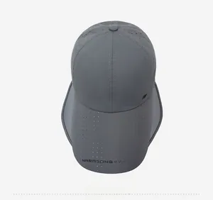 Top view of dark grey athletic sun hat with extended brim and breathable mesh fabric