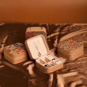 Portable cork jewelry box with vintage floral mandala patterns for rings and necklaces