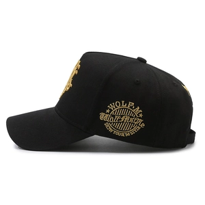 Black high-crown baseball cap for large heads with gold wolf-themed side embroidery