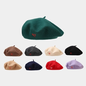 Women Wool Beret Retro Heart Embroidery Painter Hat Autumn Winter Warm Fashion Solid Color Artist Cap For Lady
