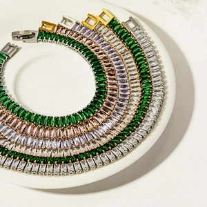 18K gold plated stainless steel tennis bracelet with square emerald and pink zircons