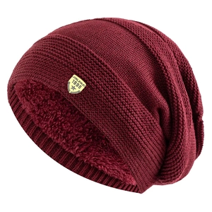 Classic burgundy knit beanie with fleece lining and shield logo for winter warmth