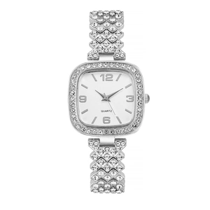 Silver square quartz watch for women with full rhinestone bracelet and minimalist dial
