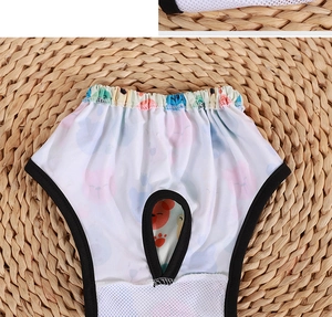 Detail of pet physiological pants with bear prints and breathable mesh lining