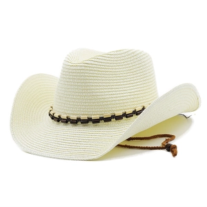 Chapeau de paille à large bord blanc crème avec bande perlée et cordon réglable