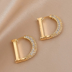 Letter D Hoop Earrings With Silver Earring Post Copper Zircon Pave Rhinestone Elegant Luxury Jewelry For Women