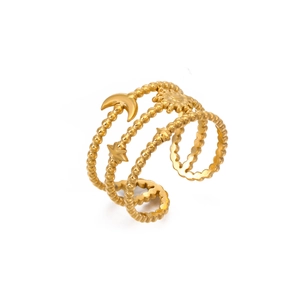 Three-layer gold stainless steel ring with celestial moon and star patterns for women