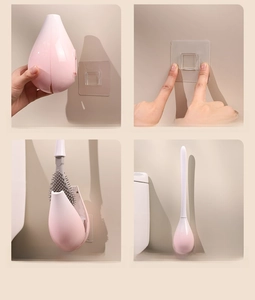 Wall-mounted toilet brush installation steps showing holder attachment to adhesive base