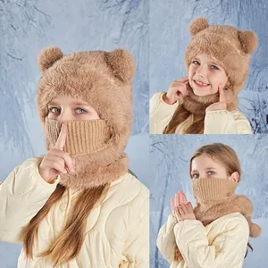 Kids Winter Integrated Balaclava Hat Scarf Mask Plush Faux Fur Warm Windproof Thickened Ear Protection Bear Ears Toddler