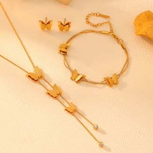 Golden 18K stainless steel jewelry set featuring frosted butterfly necklace and earrings