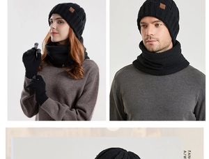 Close-up of winter knit set showing touch screen fingertips on black thermal gloves