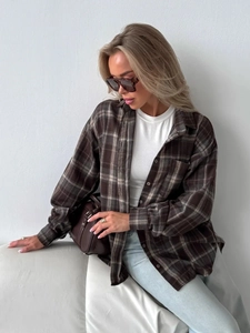 Women's oversized plaid long sleeve shirt jacket in deep coffee brown check pattern