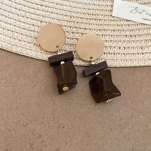 Detailed view of 14K gold plated earrings with oval tiger eye and geometric resin pendants