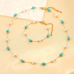 18K gold plated jewelry set with white pearls and turquoise stones necklace and bracelet