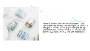 Close-up of 8 vintage geometric washi tape rolls with soft teal and brown patterns