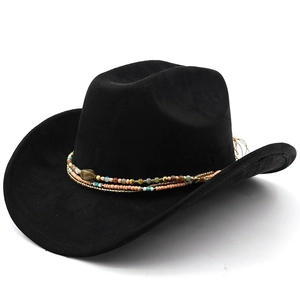 Western style black suede cowboy hat featuring ethnic colorful beaded band decoration