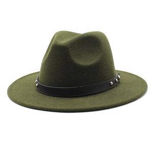 Detail of army green wool fedora hat featuring black rivet band and wide flat brim