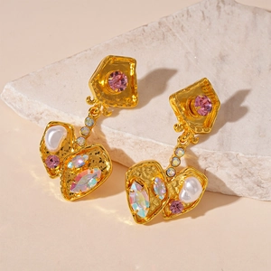 Vintage irregular geometric gold earrings with pink stones and baroque pearls