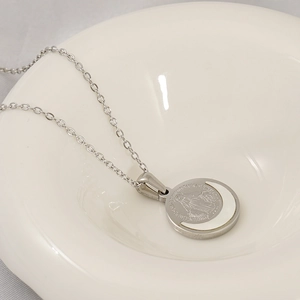 Miraculous Medal Necklace Stainless Steel Virgin Mary Round Pendant White Shell Inlay Religious Faith Prayer Jewelry