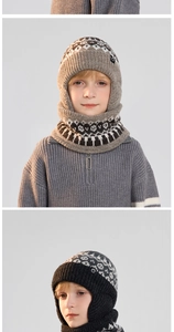 Close-up of kids warm knit beanie and neck warmer set with Fair Isle jacquard pattern