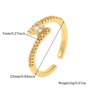 Detail view of gold zircon ring showing dimensions of 22mm diameter and 7mm width